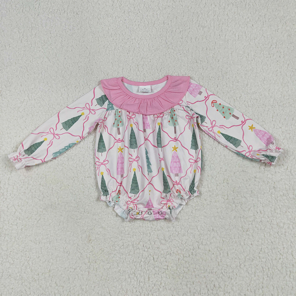 RTS NO MOQ Sibling milk silk Baby Girls Pink Christmas Tree Print Ruffle Neck Long Sleeve Pajama Set Romper Dress