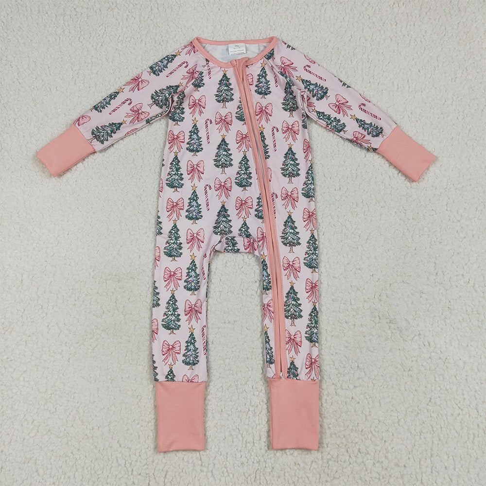 RTS NO MOQ Sibling milk silk Baby Girls Pink Bow Christmas Tree Candy Cane Print Long Sleeve Pajama Set Romper