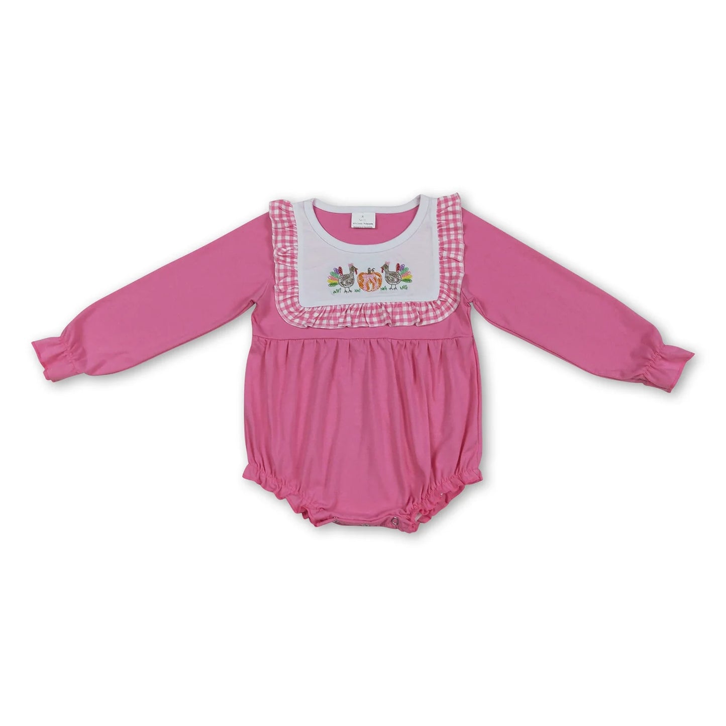 RTS NO MOQ Sibling milk silk Baby Girls Embroidery Turkey Pumpkin Floral Long Sleeve Ruffle Rompers