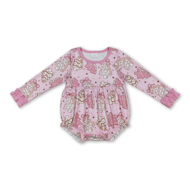 RTS NO MOQ Sibling Baby Girls Pink Stripe Trees Stars Bow Christmas Knee Ruffle Length Dresses Rompers