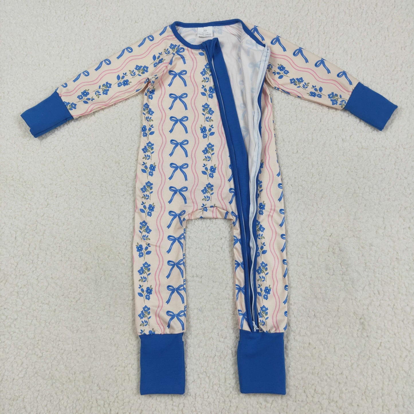 RTS NO MOQ（In Stock ) LR2327 Flower wave line blue bow pattern zipper long sleeve jumpsuit