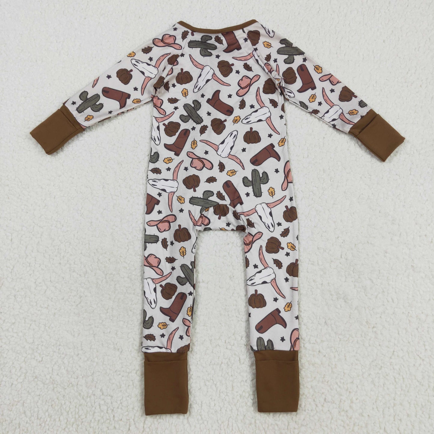 RTS NO MOQ（In Stock) LR2334 Cactus Alpine Bull Head Cowboy Hat and Boots, Beige and Brown Zippered Long-Sleeved Bodysuit