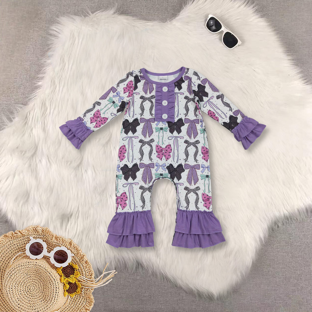 RTS NO MOQ Sibling Baby girls clothes Halloween bow purple long-sleeved trousers suit & rompers