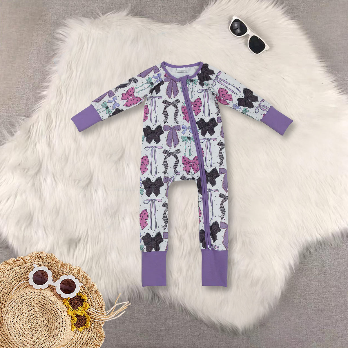 RTS NO MOQ Sibling Baby girls clothes Halloween bow purple long-sleeved trousers suit & rompers