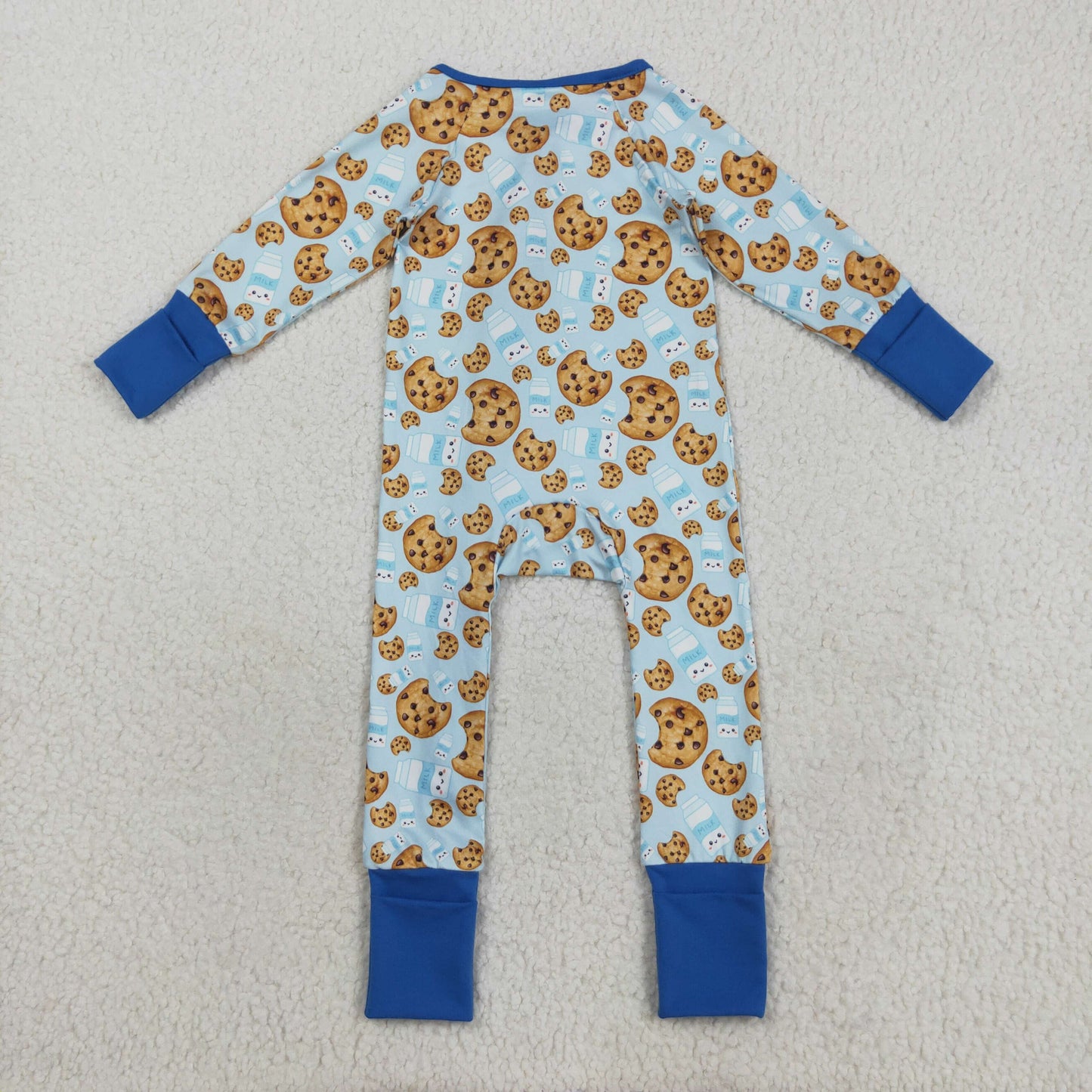 RTS NO MOQ（In Stock) LR2397 Biscuit and Milk Blue Zippered Long-Sleeved Bodysuit