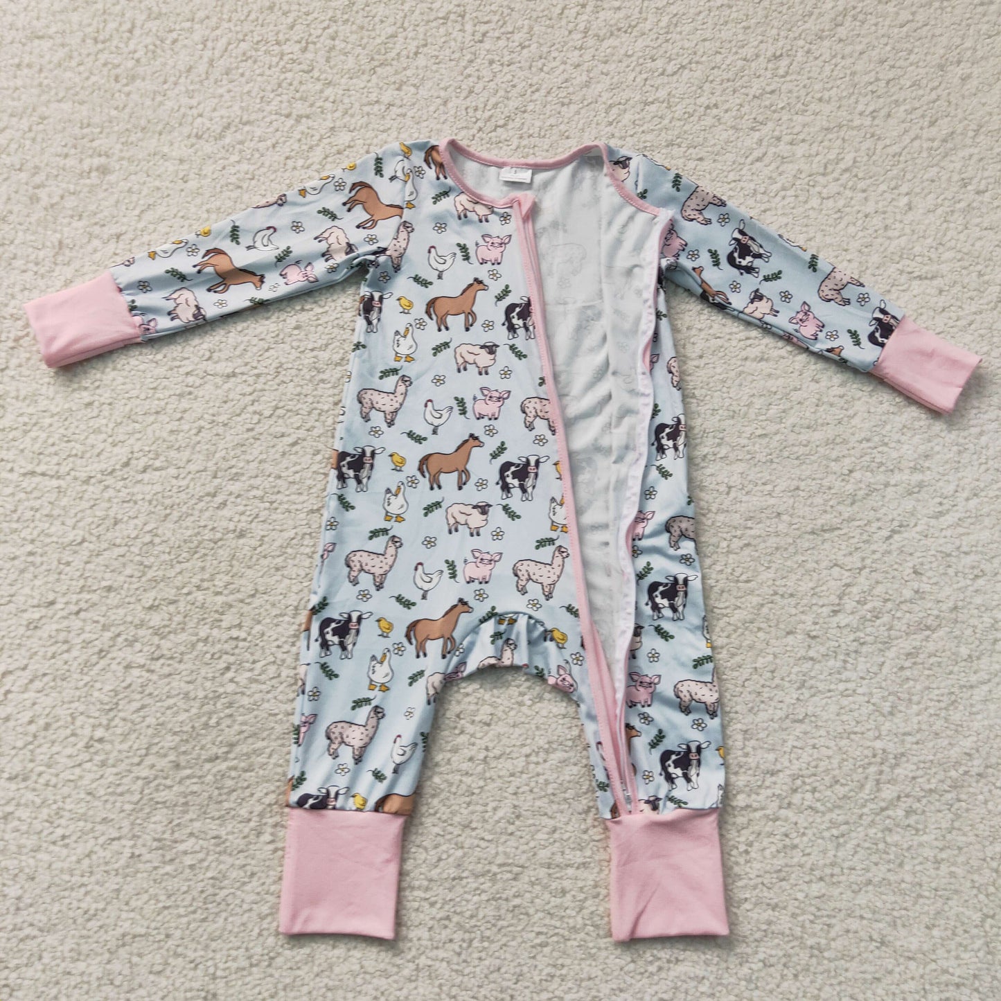 RTS NO MOQ milk silk LR2401 Baby Girls Farm Horse Chick Long Sleeve Two Way Zip Convertible Rompers