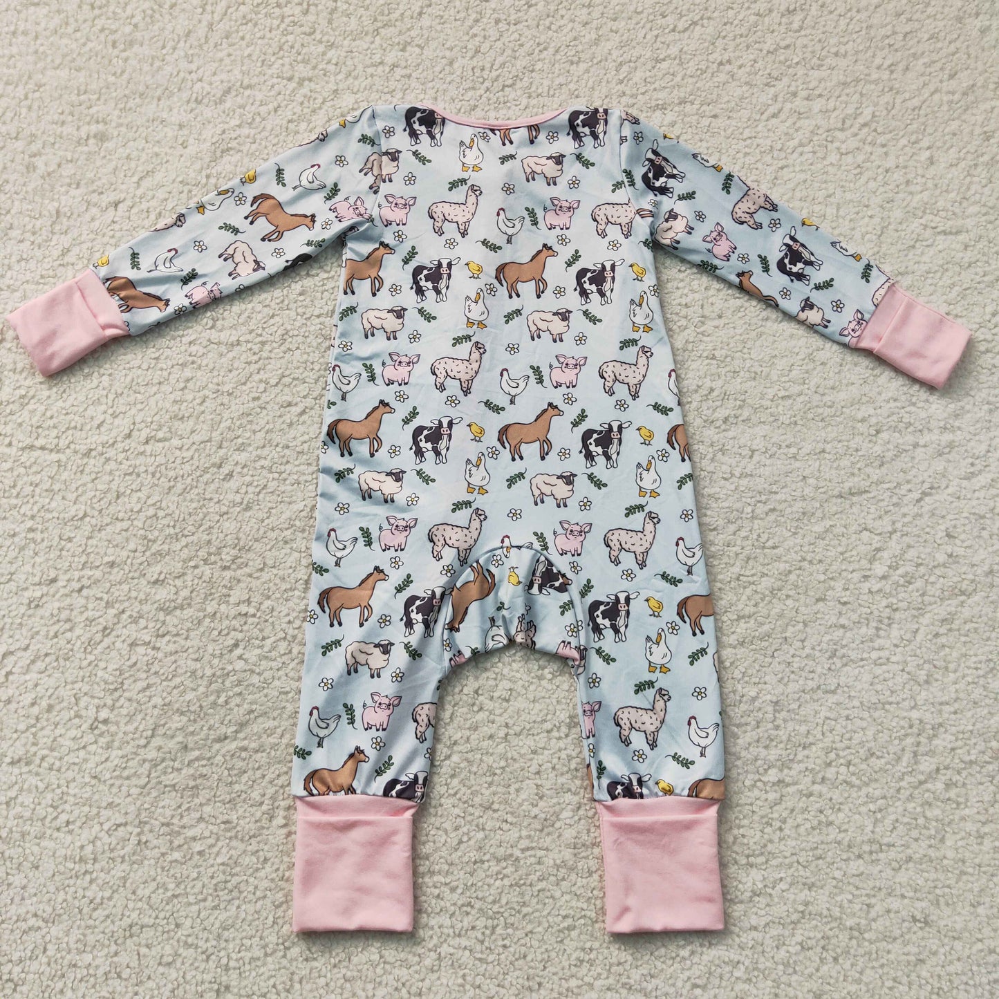 RTS NO MOQ milk silk LR2401 Baby Girls Farm Horse Chick Long Sleeve Two Way Zip Convertible Rompers