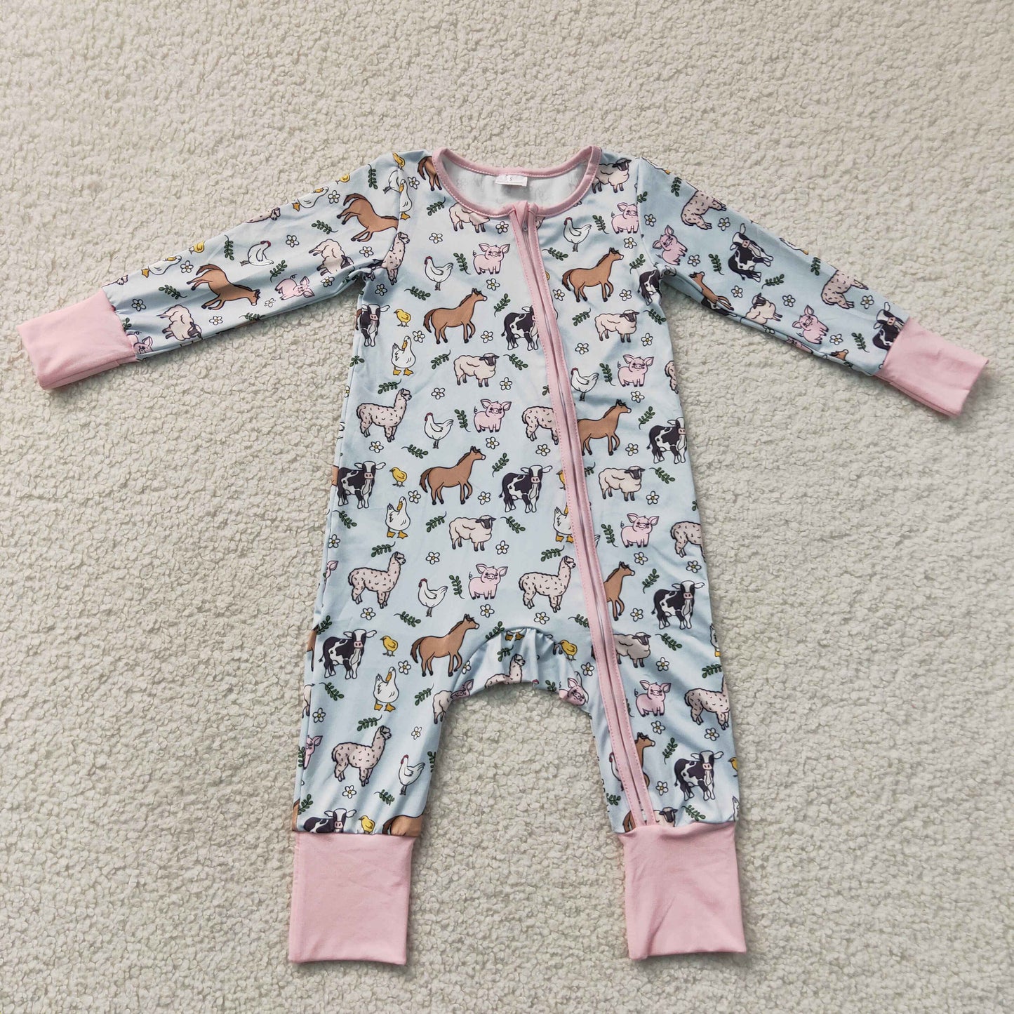 RTS NO MOQ milk silk LR2401 Baby Girls Farm Horse Chick Long Sleeve Two Way Zip Convertible Rompers