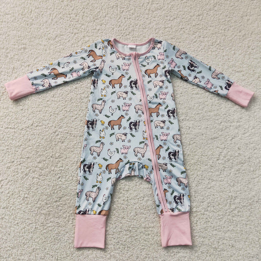 RTS NO MOQ milk silk LR2401 Baby Girls Farm Horse Chick Long Sleeve Zipper Rompers