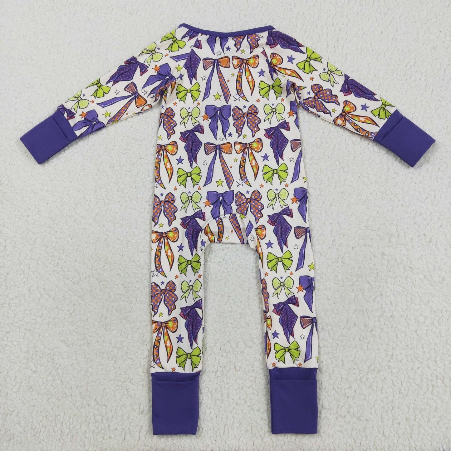 RTS NO MOQ（In Stock) LR2403 Beige long-sleeved zip-up bodysuit with star and bow pattern