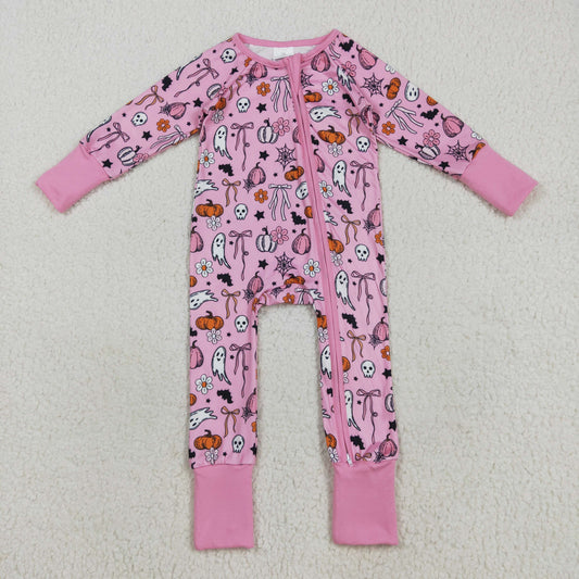 RTS NO MOQ（In Stock) LR2405 Halloween Ghost Pumpkin Bow Pattern Pink Zipper Long-Sleeved Bodysuit