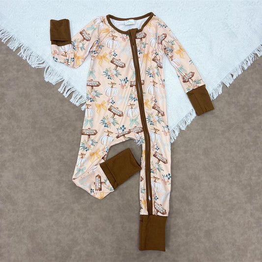 RTS NO MOQ（In Stock) LR2462 Yellow-brown zip-up long-sleeved bodysuit with pumpkin patch and bow pattern