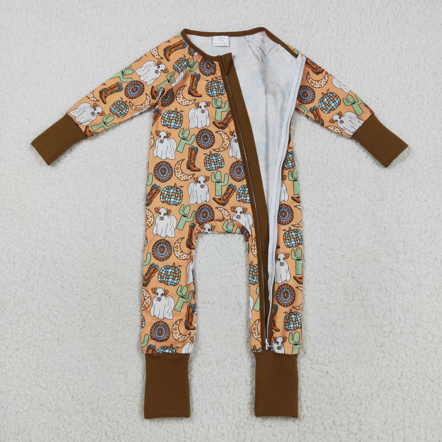 RTS NO MOQ（In Stock) LR2463 Halloween cow cactus boots and moon pumpkin brown zip-up long-sleeved bodysuit