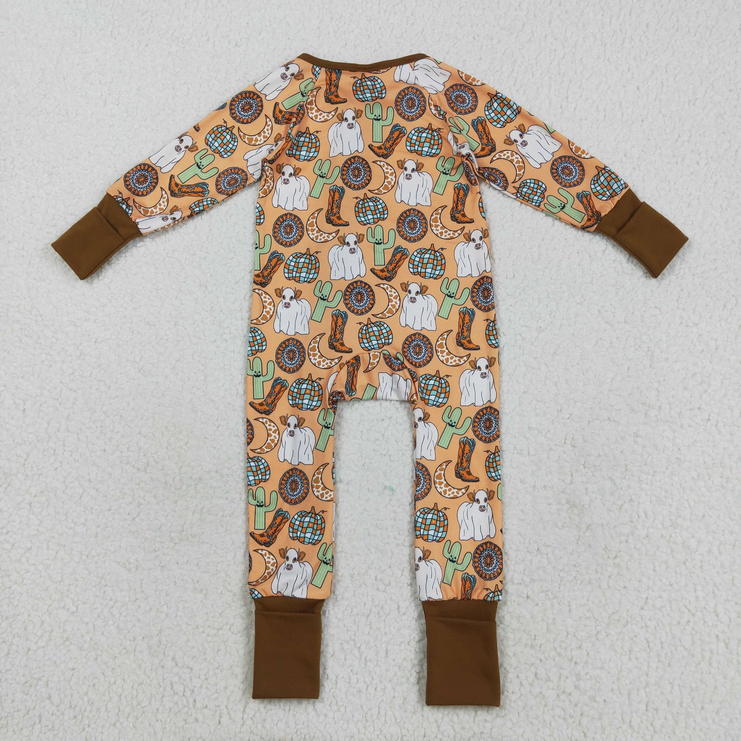 RTS NO MOQ（In Stock) LR2463 Halloween cow cactus boots and moon pumpkin brown zip-up long-sleeved bodysuit
