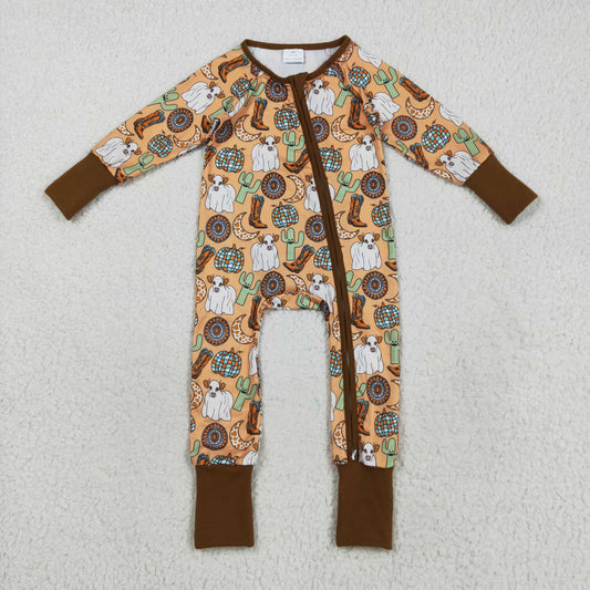 RTS NO MOQ（In Stock) LR2463 Halloween cow cactus boots and moon pumpkin brown zip-up long-sleeved bodysuit