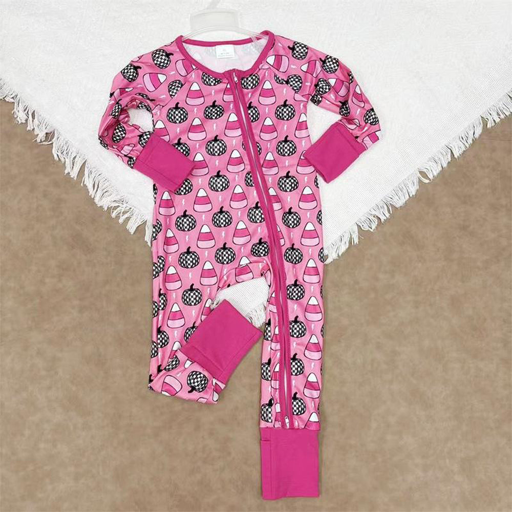 RTS NO MOQ（In Stock) LR2467 Halloween plaid pumpkin candy lightning and rose red zip-up long-sleeved bodysuit