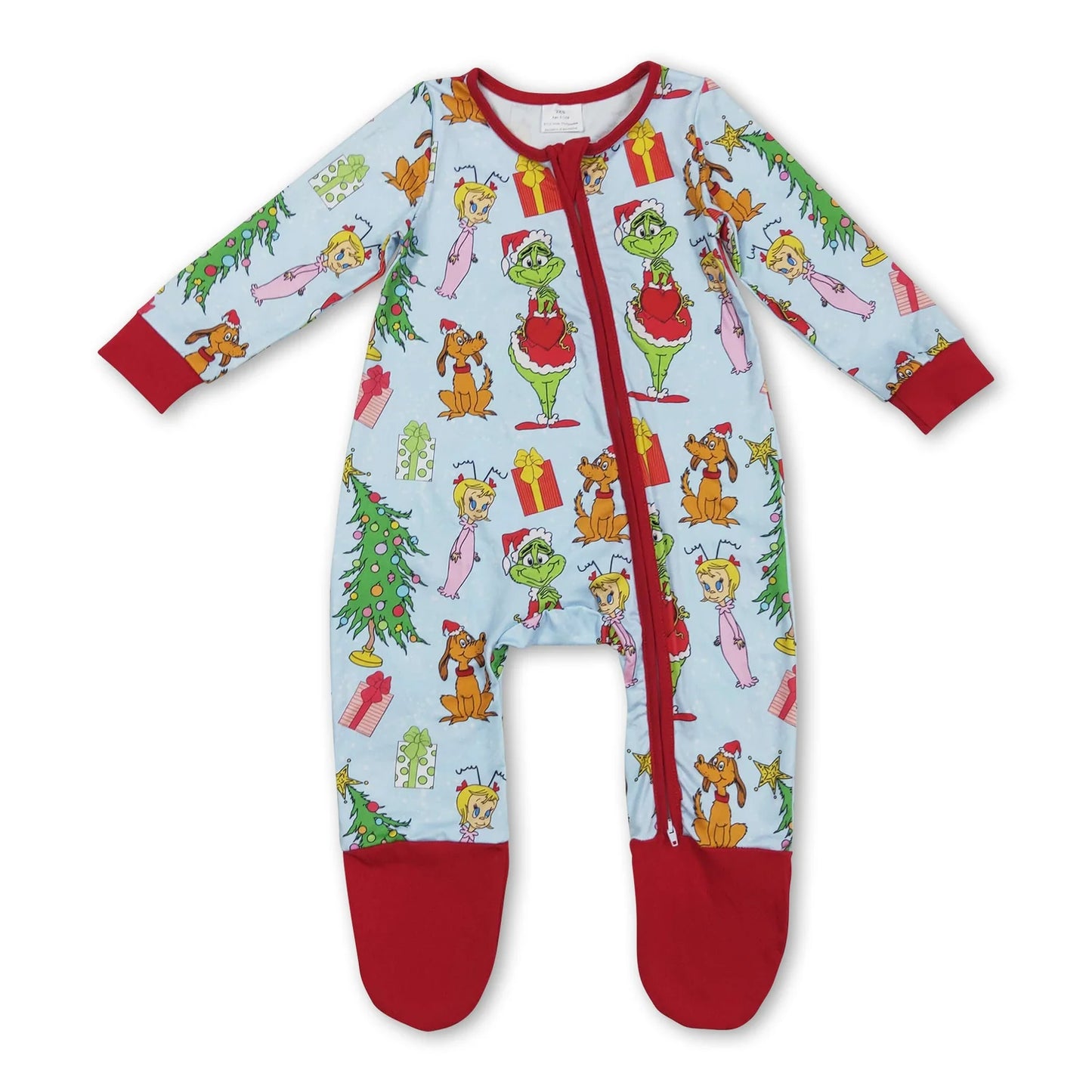 RTS NO MOQ Sibling milk silk Baby Boys Girls Christmas Long Sleeve Print Zip Up Footed Rompers