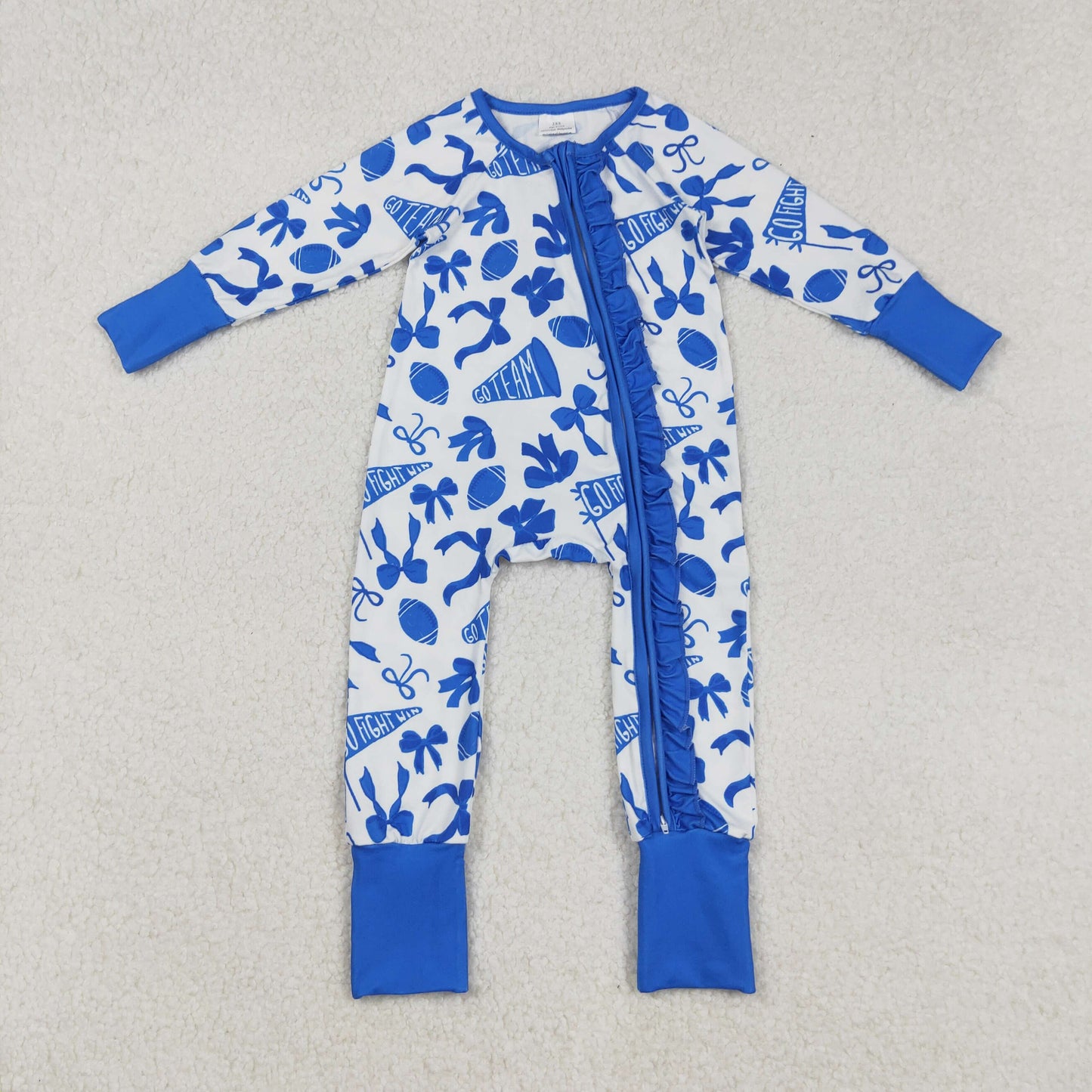 RTS NO MOQ Sibling milk silk Baby Girls Cute Flutter Sleeves Blue Cheer Bows Team Ruffle Dresses Rompers