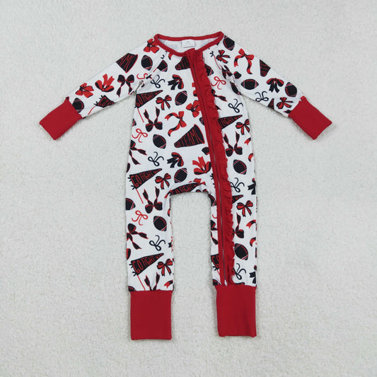 RTS NO MOQ（In Stock) LR2512 Red lace long-sleeved zip-up bodysuit with football flared bow pattern