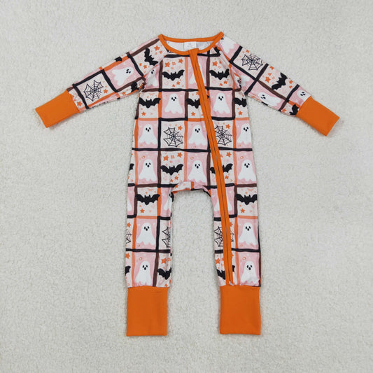 RTS NO MOQ（In Stock) LR2539 Halloween Ghost Bat Spider Mesh Pink and Orange Zipper Long-Sleeved Bodysuit