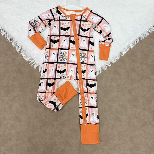 RTS NO MOQ（In Stock) LR2539 Halloween Ghost Bat Spider Mesh Pink and Orange Zipper Long-Sleeved Bodysuit