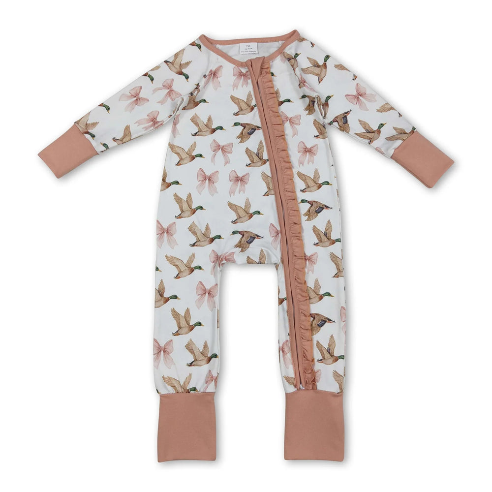 RTS NO MOQ Sibling milk silk Baby Girls Duck And Pink Bow Print Outfit Long Sleeve Top Pant Pajamas Set And Zipper Romper