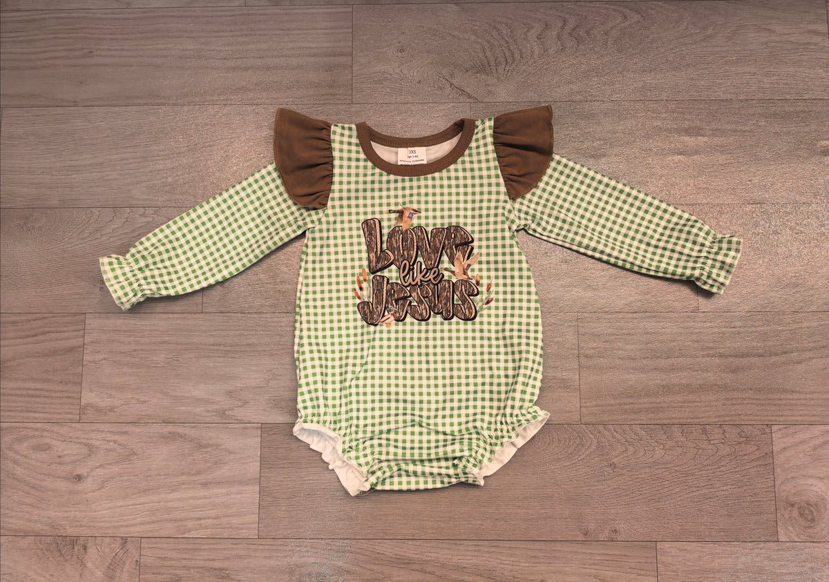 (Sample) No moq milk silk LR2551 Baby Girls Green Plaid Ducks Western Rompers Casual Daily Wear