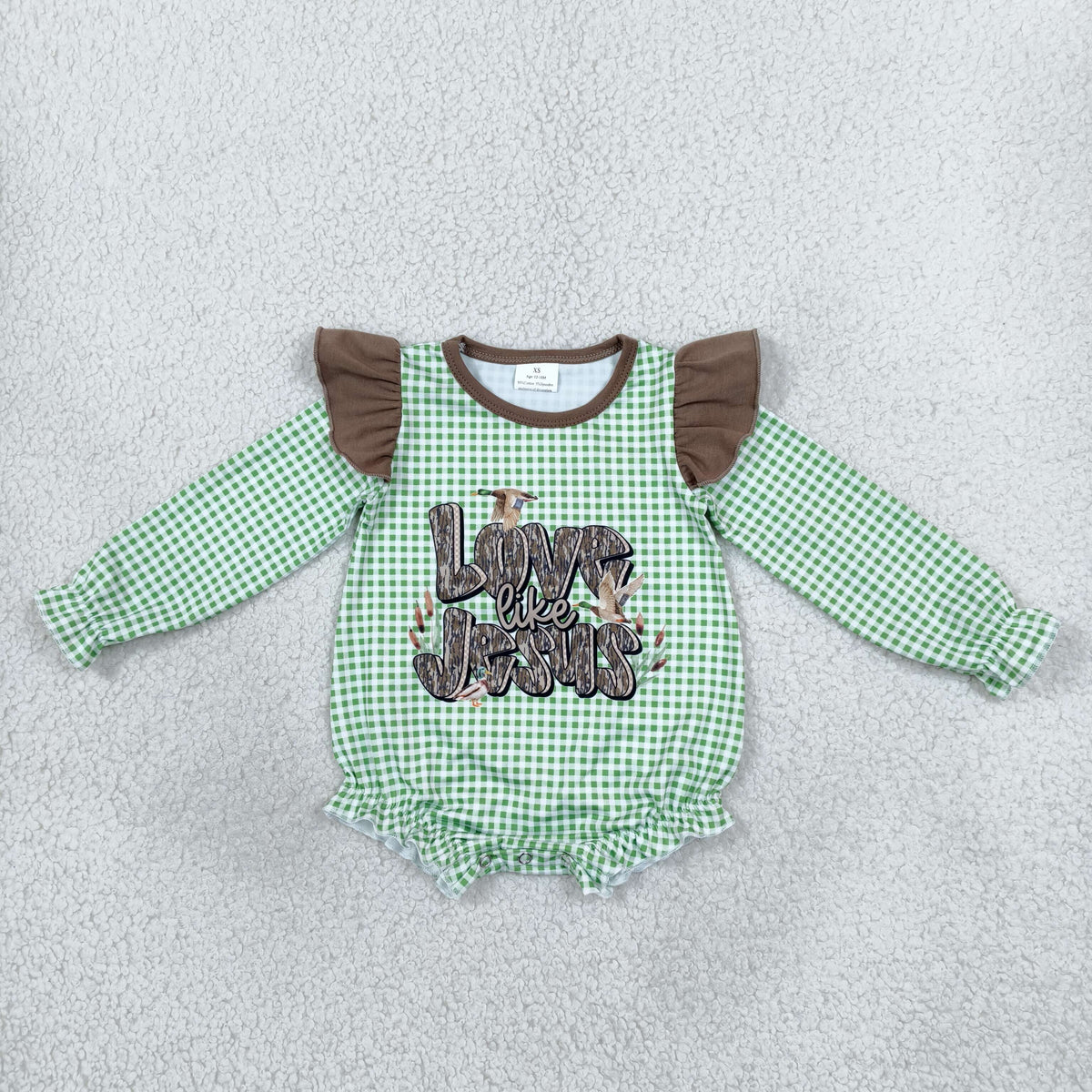 NEW RTS NO MOQ milk silk LR2551 Baby Girls Green Plaid Ducks Casual Rompers