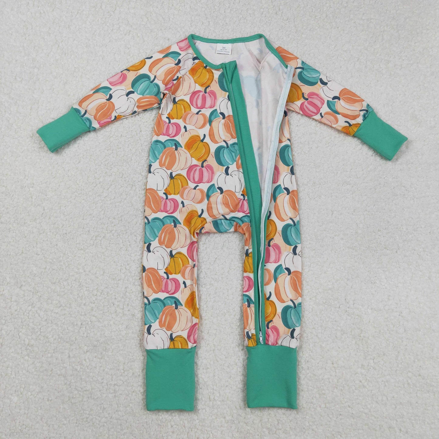 RTS NO MOQ（In Stock) LR2552 Beige long-sleeved zip-up bodysuit with pumpkin pattern