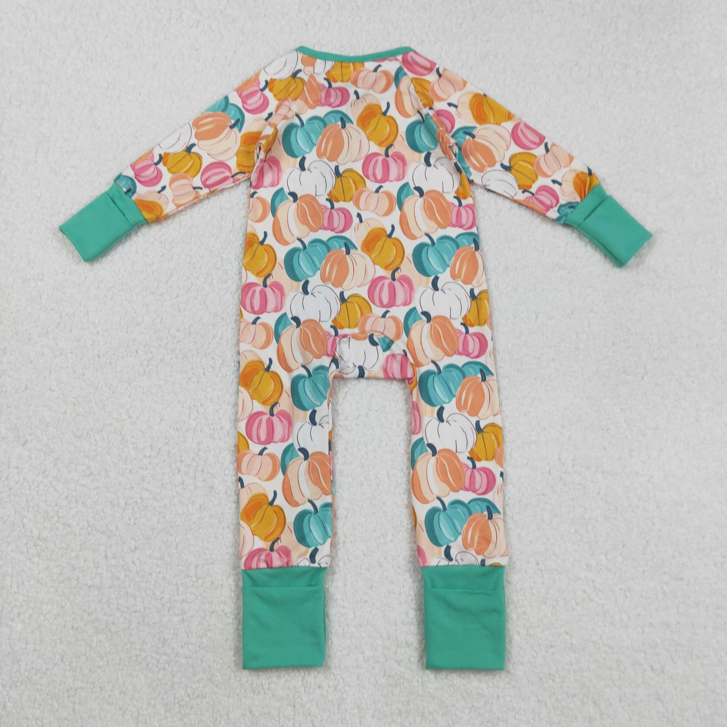 RTS NO MOQ（In Stock) LR2552 Beige long-sleeved zip-up bodysuit with pumpkin pattern