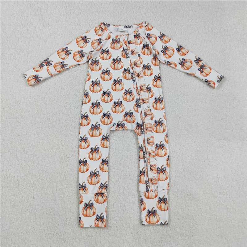 RTS NO MOQ Sibling Baby girls clothes Halloween pumpkin bow long-sleeved trousers suit & rompers