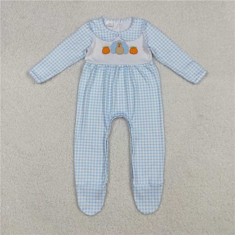 RTS NO MOQ Sibling Baby girls boy clothes embroidery halloween pumpkin turkey long sleeve rompers