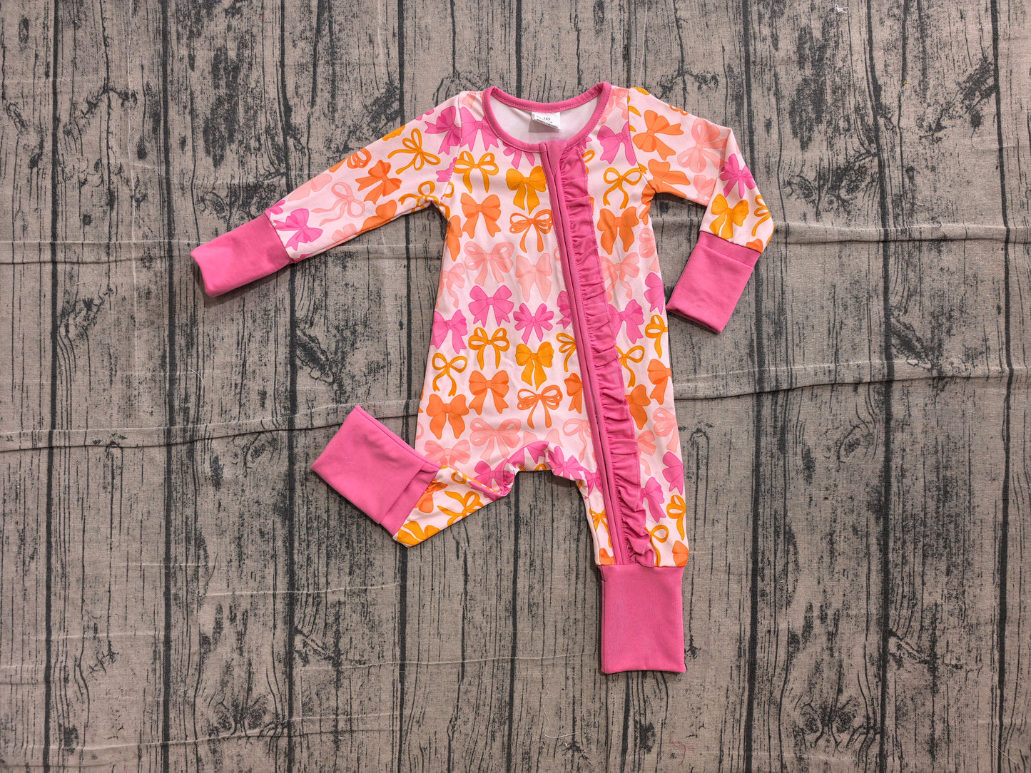 (Sample) No moq LR2567 Baby Girls Cute Pink Bow Plaid Printed Long Sleeve Two Way Zip Ruffle Convertible Rompers