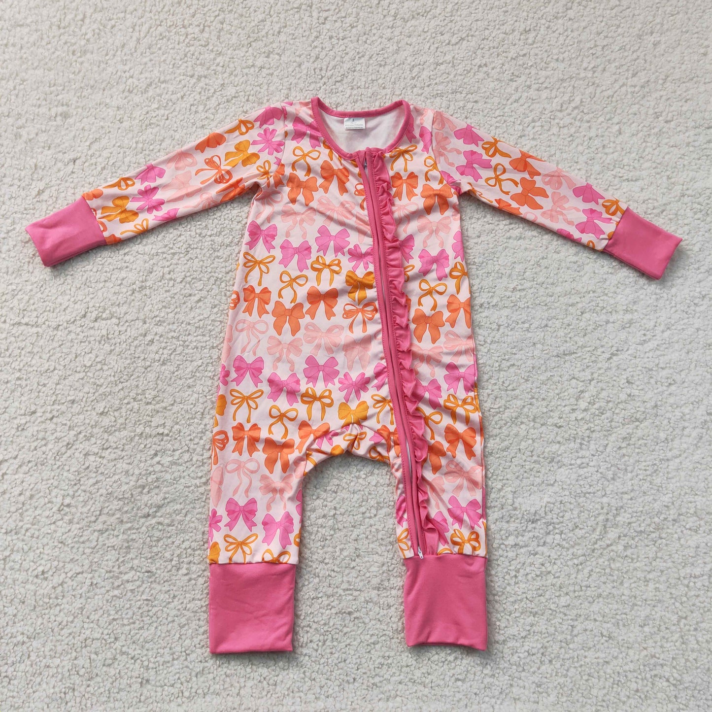 RTS NO MOQ Sibling milk silk Baby Long Sleeve Bow Two Way Zipper Ruffle Cute Rompers
