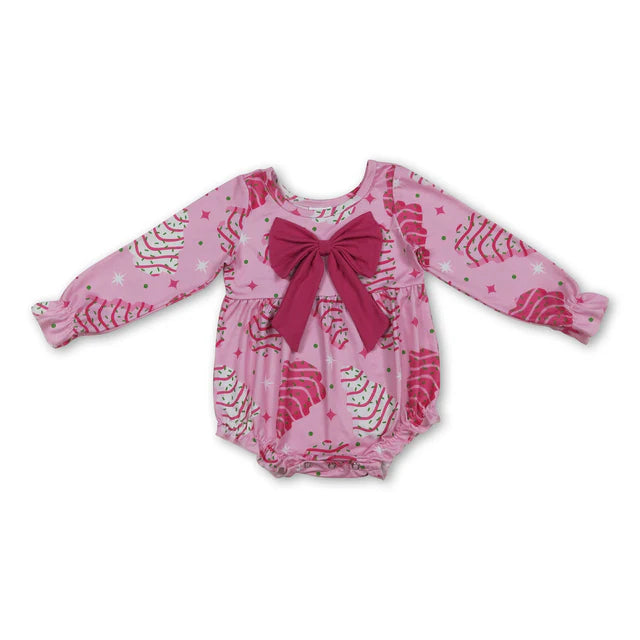 RTS NO MOQ Sibling Baby Girls Pink Stripe Trees Stars Bow Christmas Knee Ruffle Length Dresses Rompers