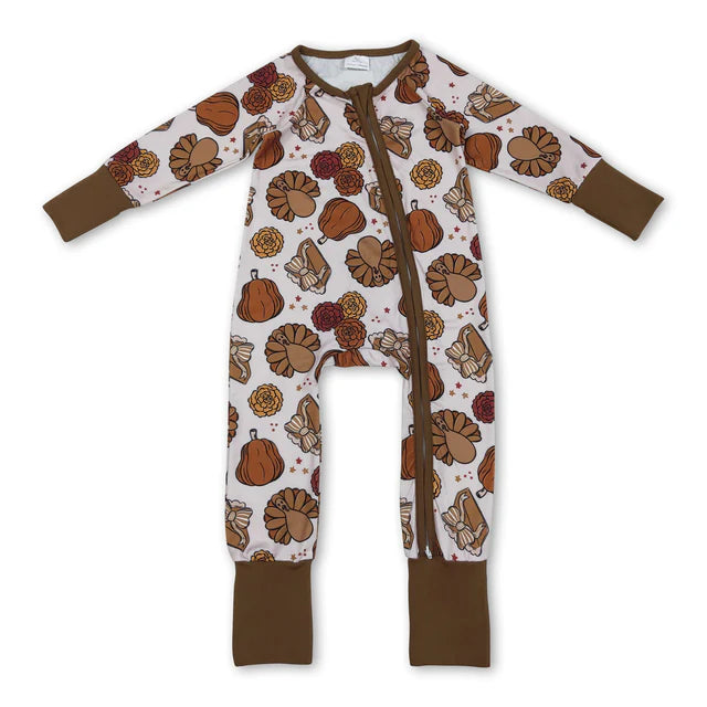 RTS NO MOQ Sibling milk silk Sibling Baby Girls Turkey Pumpkins Top Pant Thanksgiving Pajamas Sets Zip Rompers
