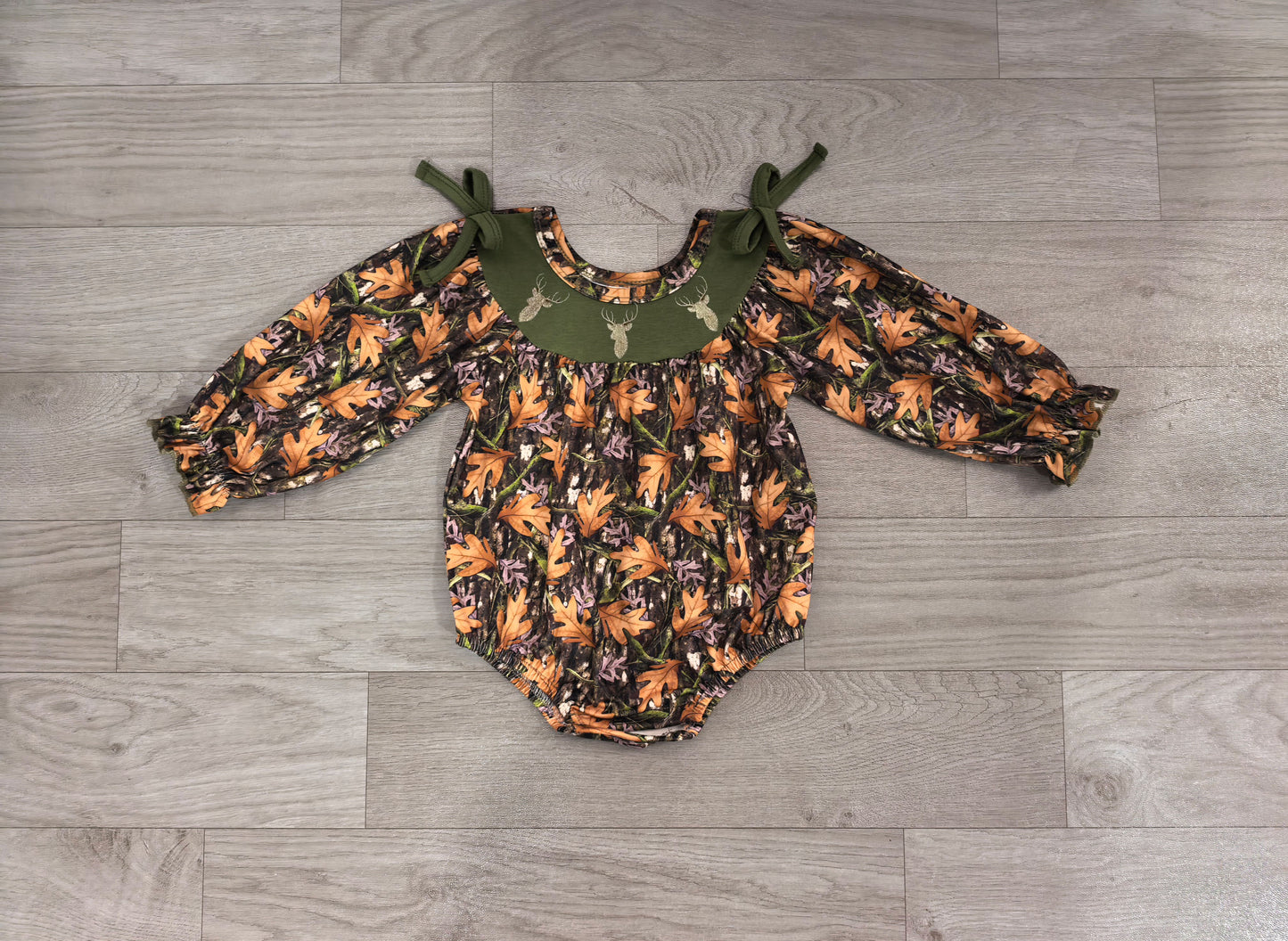 (Sample) No moq milk silk LR2728 Embroidery Green Leaf Camo Baby Girls Long Sleeve Rompers