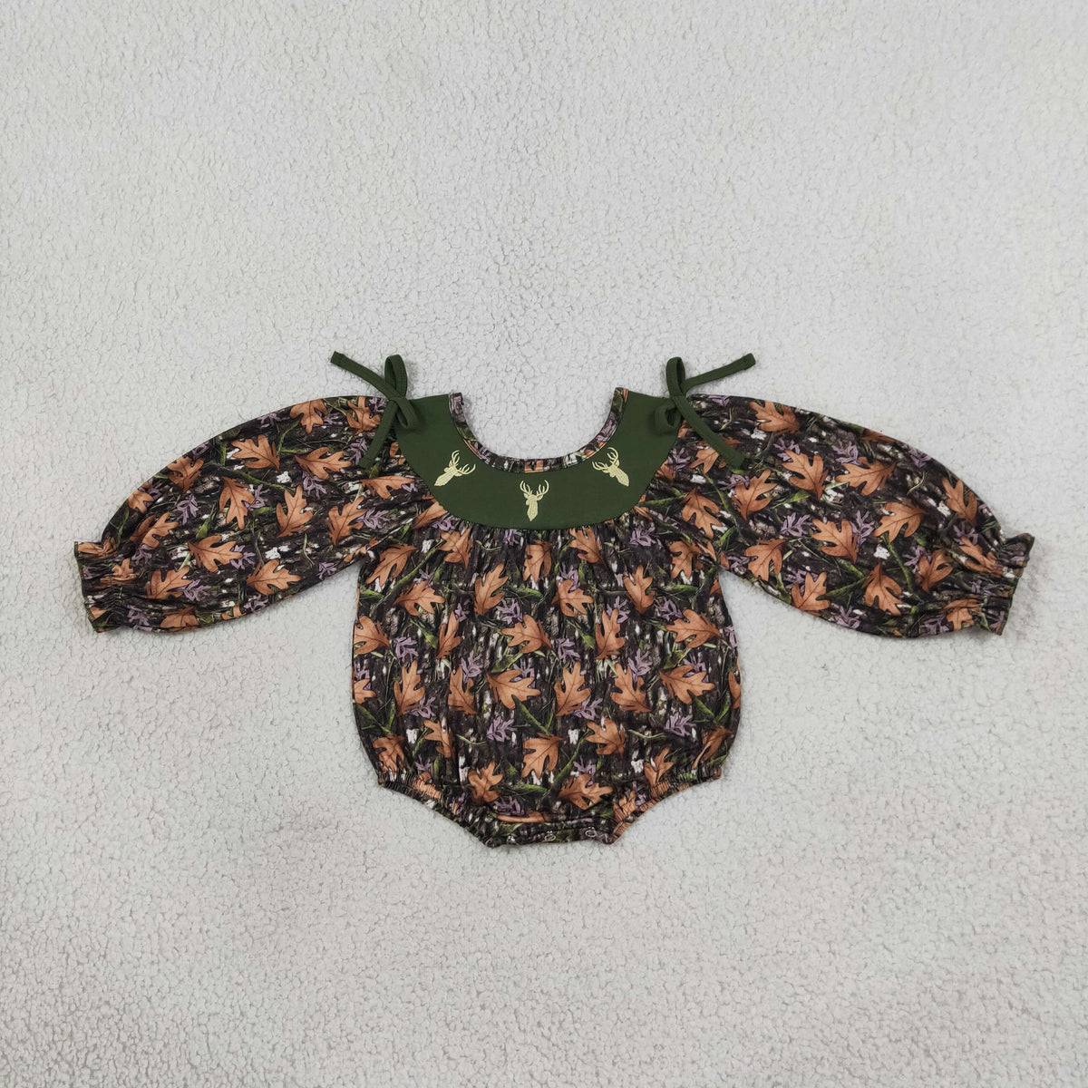 RTS NO MOQ Sibling milk silk Embroidery Baby Boys And Girls Leaf Camo Deer Embroidery Long Sleeve Bubble Romper