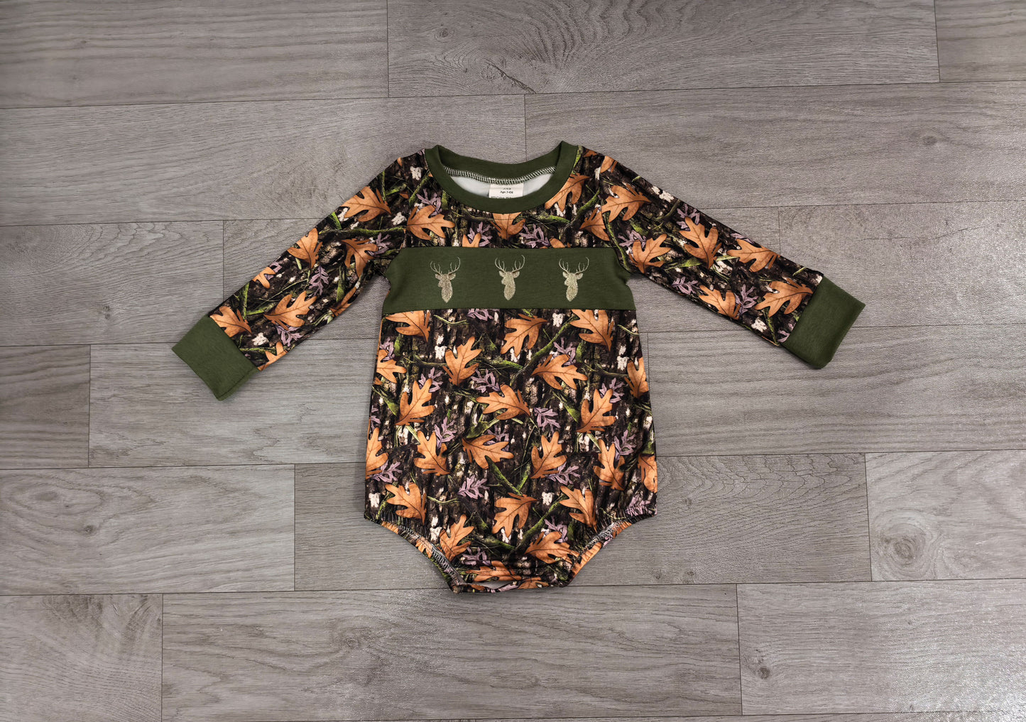 (Sample) No moq milk silk LR2729 Embroidery Baby Boys Green Leaf Camo Print Hunting Long Sleeve Romper