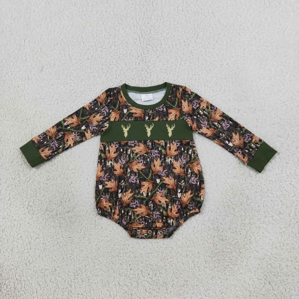 NEW RTS NO MOQ milk silk LR2729 Embroidery Baby Boys Green Leaf Camo Print Long Sleeve Romper