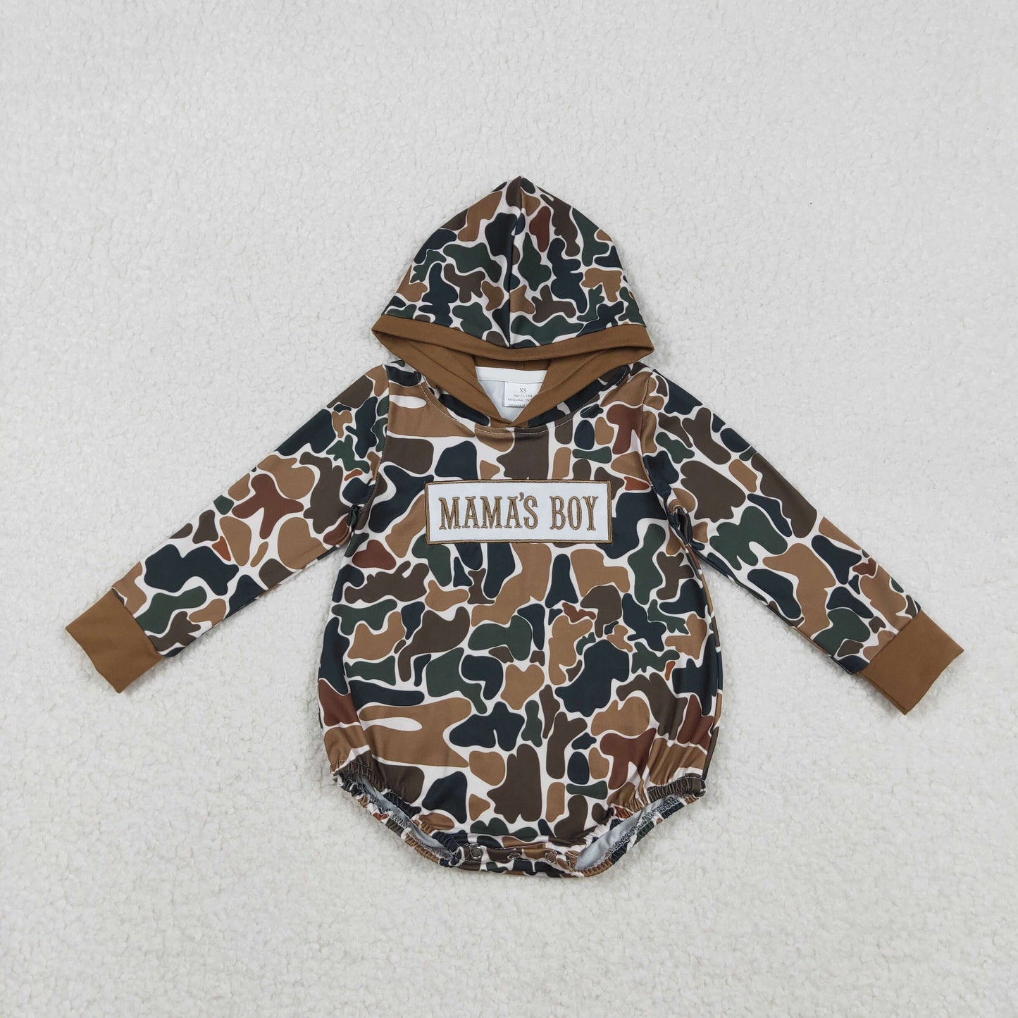 RTS NO MOQ Sibling baby boy clothes Embroidered Mama's Boy Brown-Green Camouflage Hooded Long-Sleeve Jumpsuits