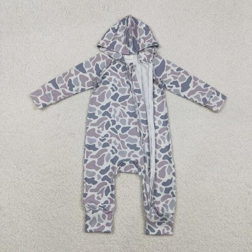 RTS NO MOQ Sibling Baby Boys Light Grey Camouflage Long Sleeve Hooded Tops Pants And Zip Rompers Clothing Set