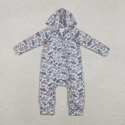 RTS NO MOQ Sibling Baby Boys Light Grey Camouflage Long Sleeve Hooded Tops Pants And Zip Rompers Clothing Set