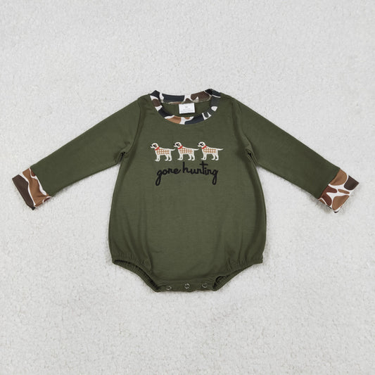 RTS NO MOQ（In Stock) Embroidered Gone Hunting Puppy Camouflage Army Green Long-Sleeve Jumpsuit