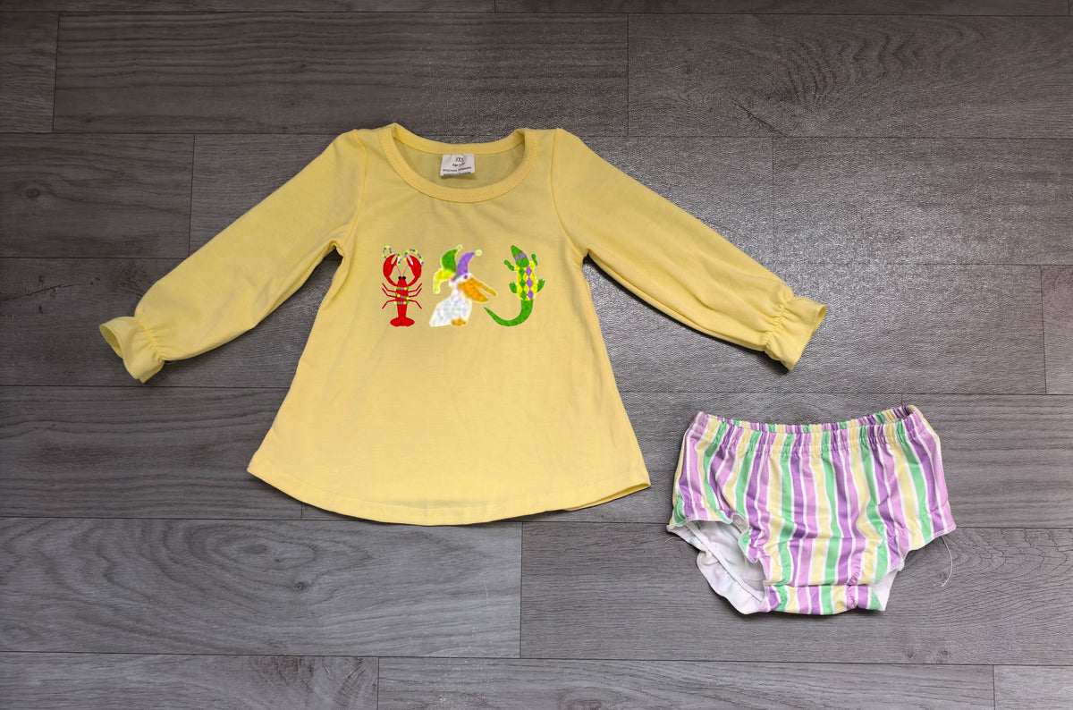 (Sample) No moq milk silk LR2869 Embroidery Baby Girls Yellow Long Sleeve Tunic Bummies Set