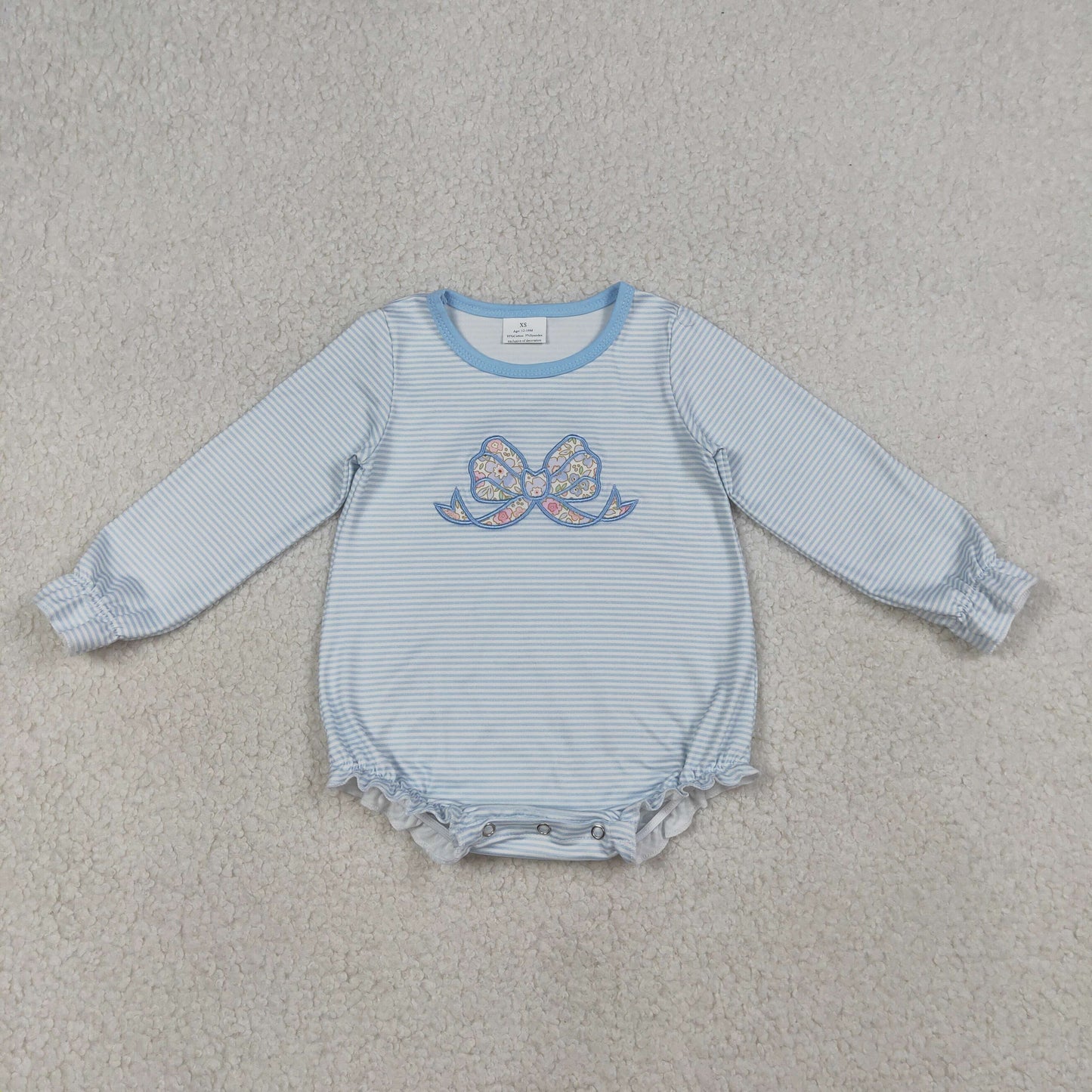 RTS NO MOQ LR2917 Baby Girls Blue Stripe Ruffle Rompers Embroidery Floral Bow