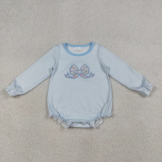 RTS NO MOQ LR2917 Baby Girls Blue Stripe Ruffle Rompers Embroidery Floral Bow