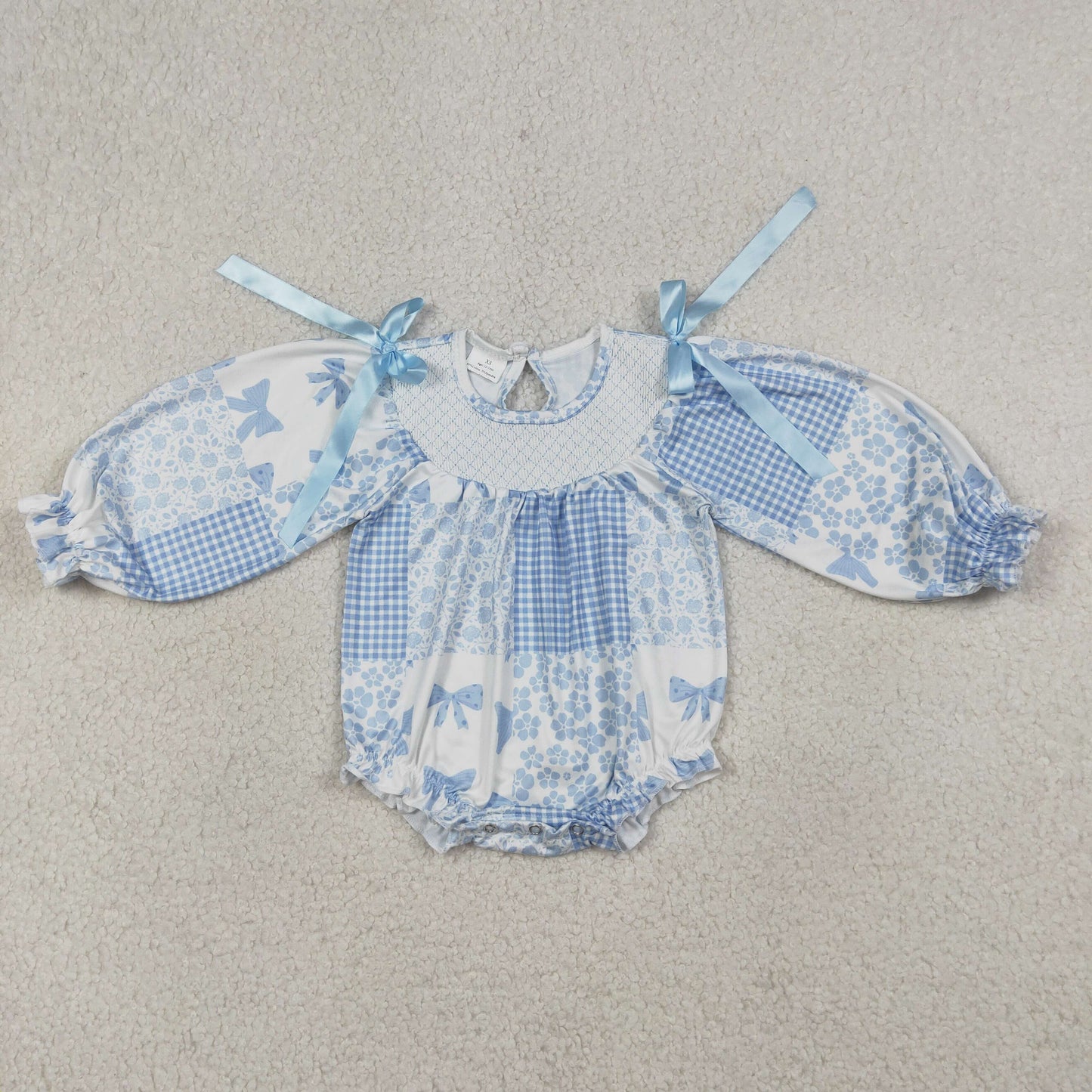 RTS NO MOQ LR2931 Smocked Checked Baby Girls Rompers with Blue Bows And Flowers Ruffle Cute Infant Outfit