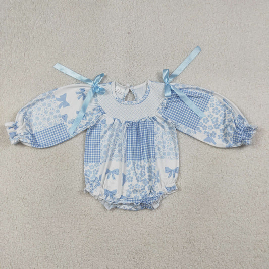 RTS NO MOQ LR2931 Smocked Checked Baby Girls Rompers with Blue Bows And Flowers Ruffle Cute Infant Outfit