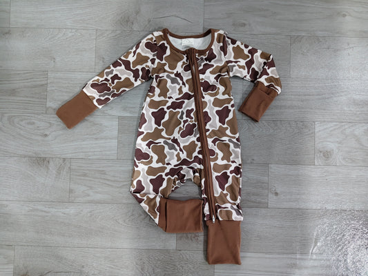 (Sample) No moq LR2948 Baby Boys Camo Two Way Zipper Convertible Crotch Zip Rompers